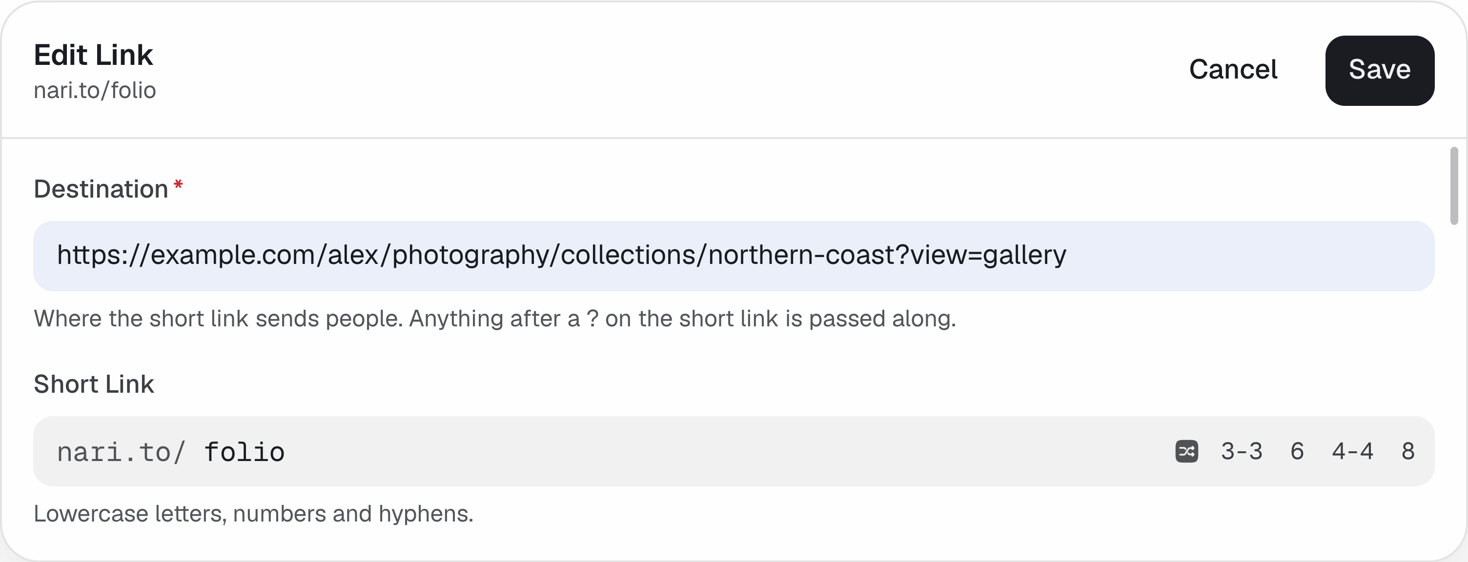 The Link editor turns a long photography gallery URL into nari.to/folio.